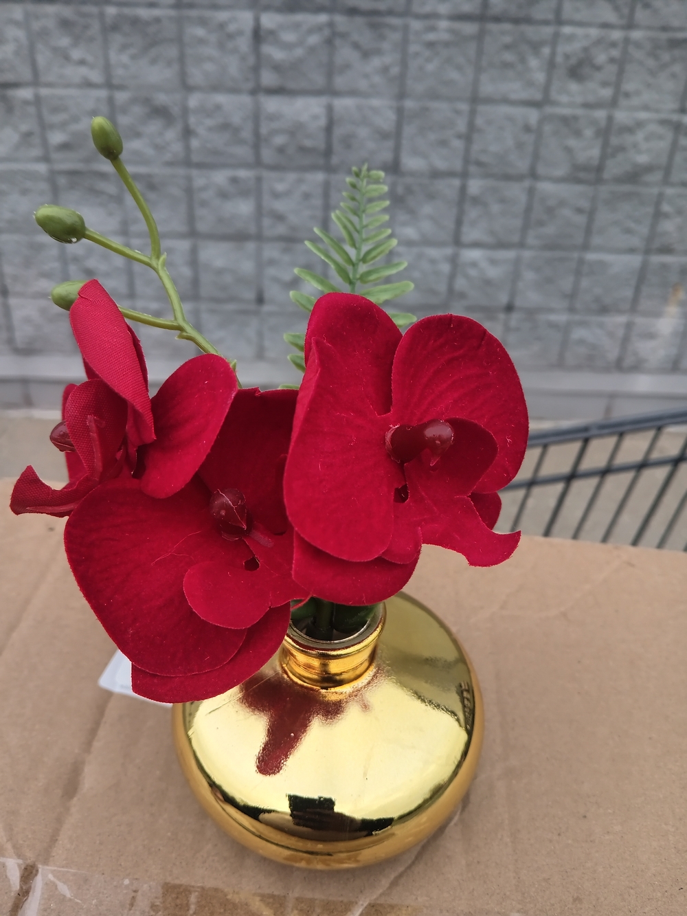 Deep Red Orchid Arrangement in Gold Vase by